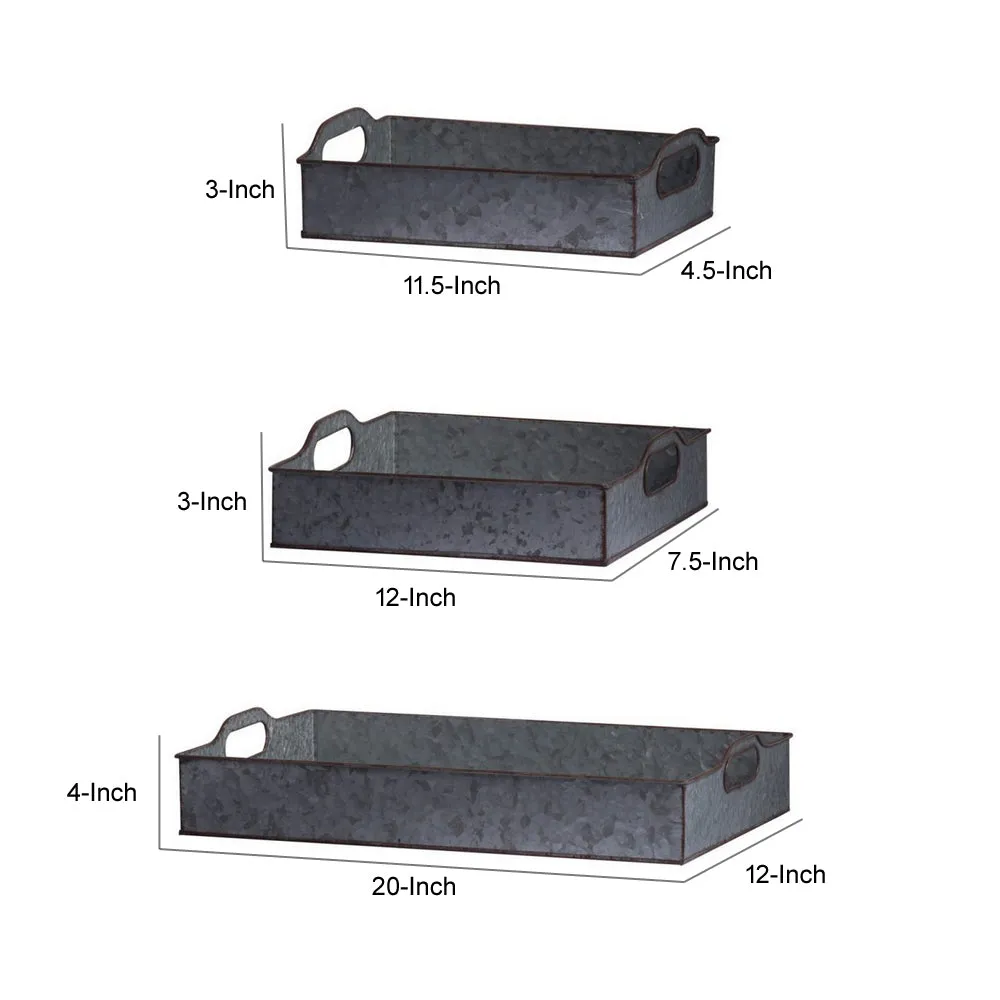 12, 12, 20 Inch Set of 3 Nesting Trays, Rectangular, Galvanized Gray Iron By Casagear Home