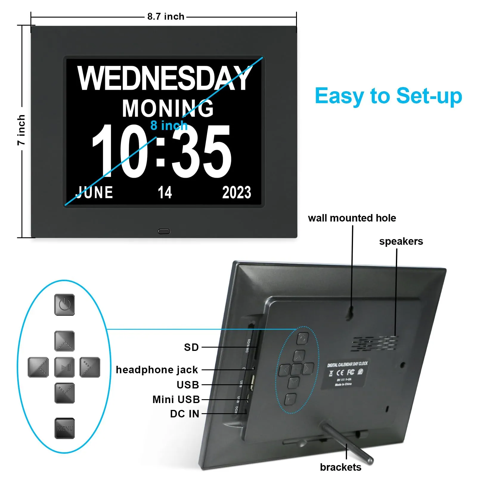 [2020 Newest] 7.5 Inch Extra Large Calendar Day Date Time Clock with Non-Abbreviated Day Month Dementia Clocks Perfect for Senior Vision impaired