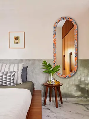 999STORE Printed Big Wall Decorative Mirror Long Mirror for Wall for Dressing Orange Floral Pattern 40 inch Mirror (MDF_18X46 Inches) MirrorR1846062
