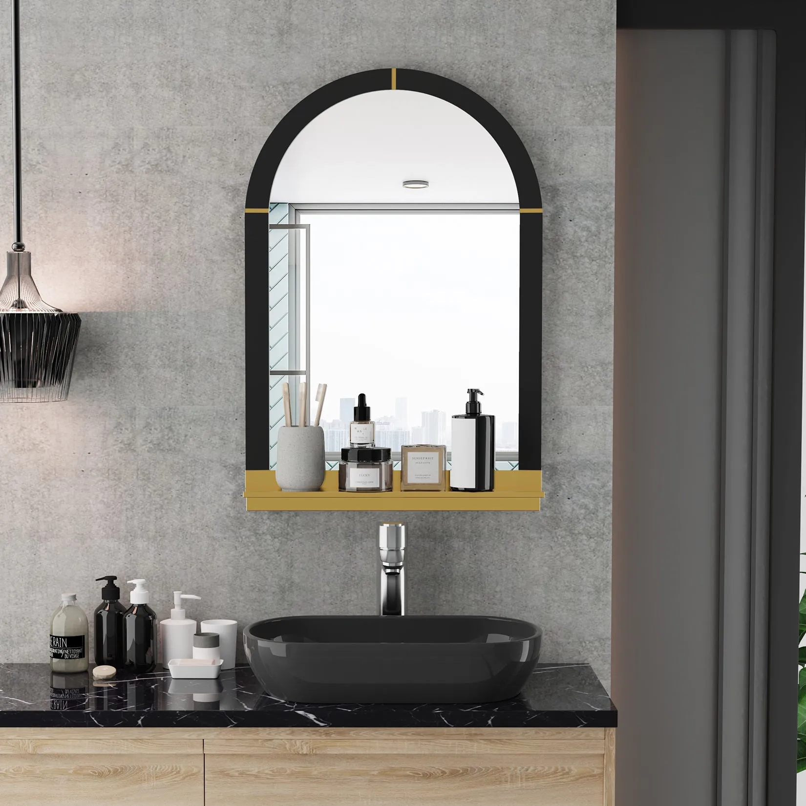 Arched Black and Gold Wall Mirror with Decorative Shelf