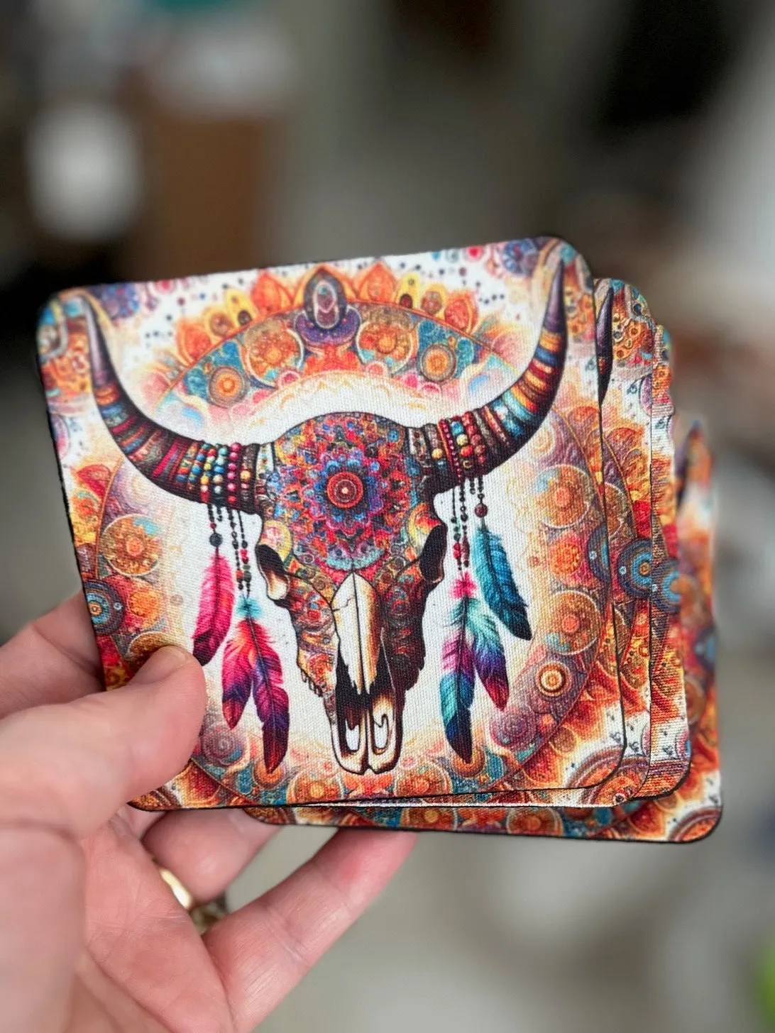 BoHo Bull Square Neoprene Coasters - Set of 4