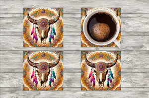 BoHo Bull Square Neoprene Coasters - Set of 4