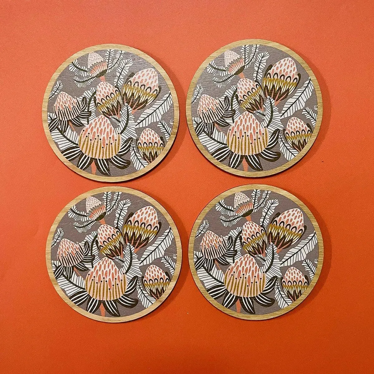 Bush Proteas Australian Wooden Coaster Set