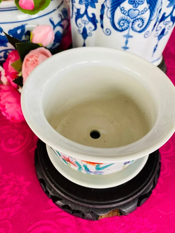 Chinoiserie Planter with Underplate, Colorful Floral Detail