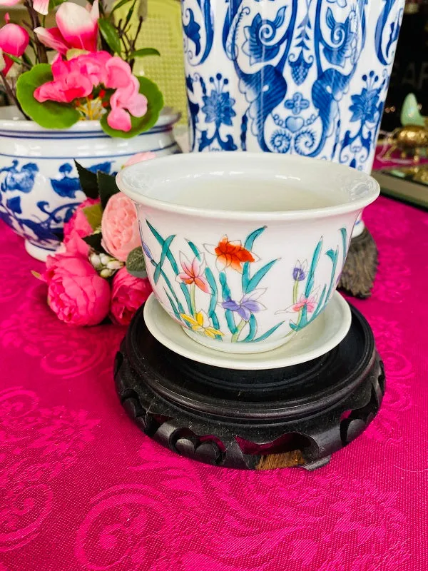 Chinoiserie Planter with Underplate, Colorful Floral Detail