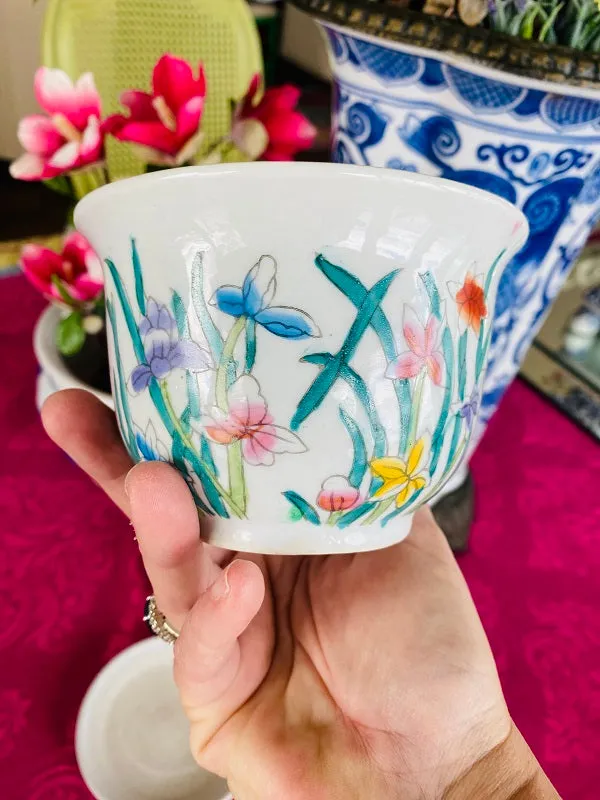 Chinoiserie Planter with Underplate, Colorful Floral Detail