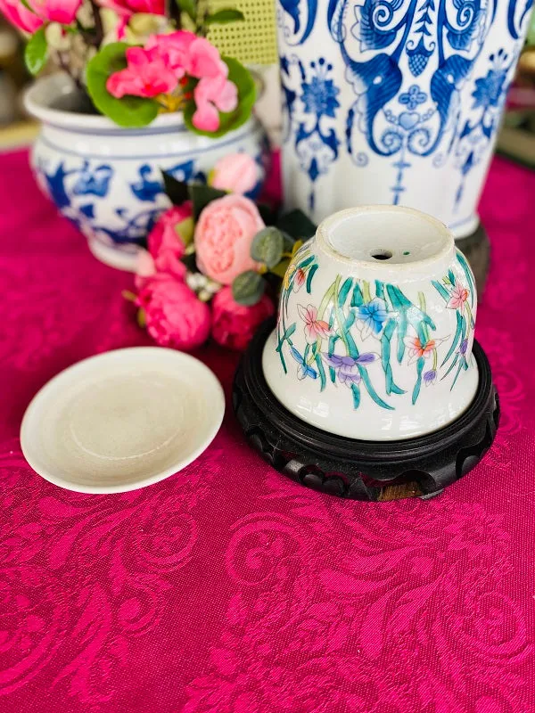 Chinoiserie Planter with Underplate, Colorful Floral Detail