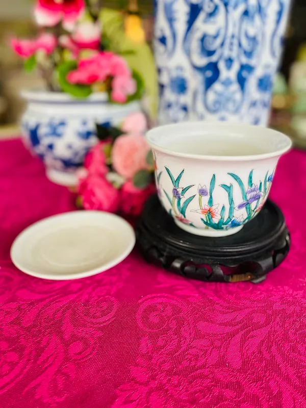Chinoiserie Planter with Underplate, Colorful Floral Detail