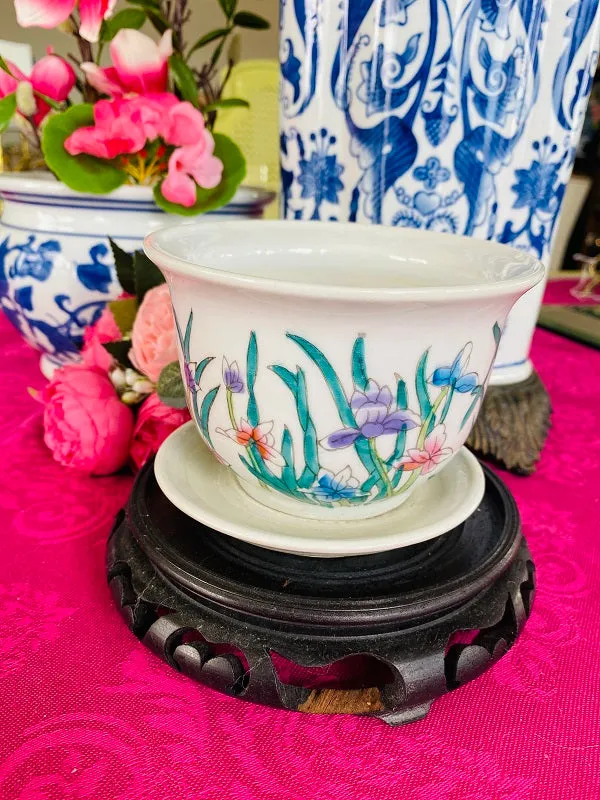 Chinoiserie Planter with Underplate, Colorful Floral Detail
