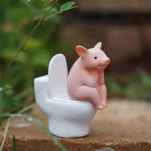 Creative Cartoon Pig Sitting On Toilet Desktop Ornament Miniature Animal Toy