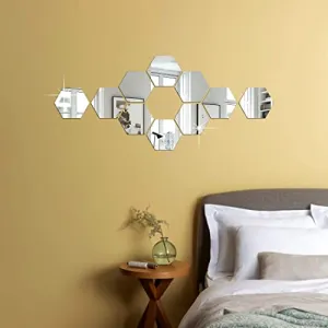 DecorGuruji 3D Wall Stickers 10 Hexagon Mirror Wall Stickers Silver, Acrylic Mirror Sticker Size (12.1x10.5)Cm Wall Stickers For Living Room, Hexagon Wall Mirror Stickers, Room Decor Items For Bedroom