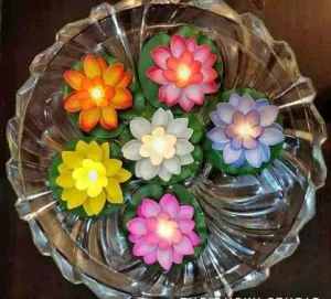 Dherik Tradworld Multi Color Floating Lotus Flower Shape Tea Light Diya Candles for Diwali Gift, New Year Home Decoration Batteries Included, Water Sensor Smokeless Artificial (Pack of 6)