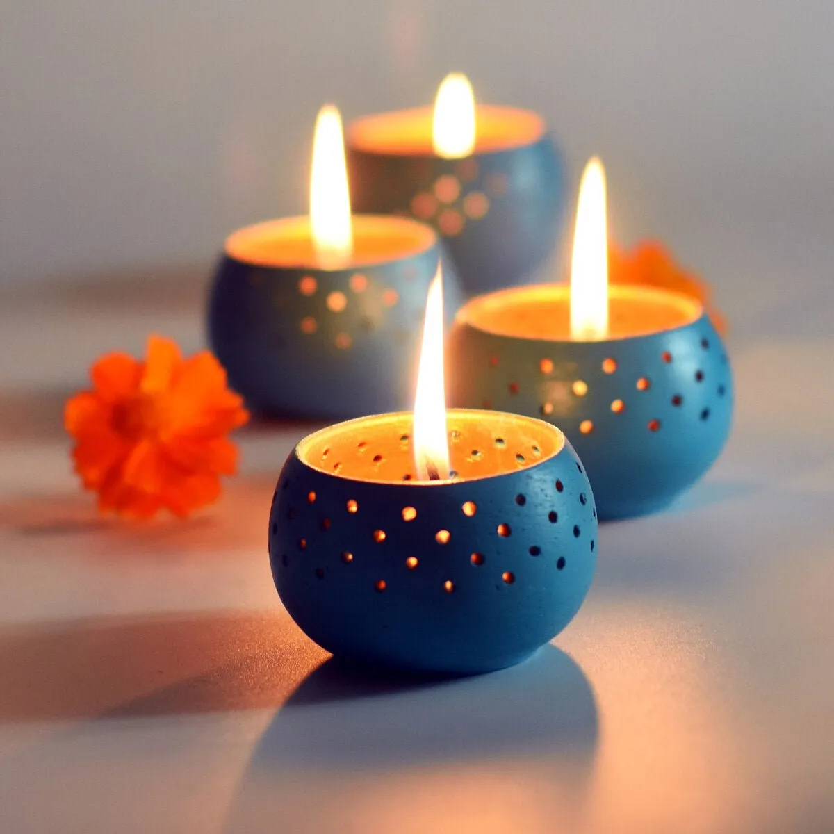Dome Sky Blue Handmade Candle Holders- Set of 4 with Free 4 Soywax Candles