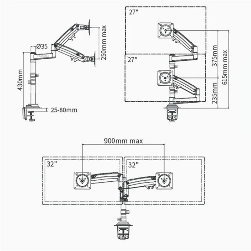 Full Motion Dual Arm Clamp for 22-32 Inch Lcd Tv Monitor Desk Holder with Gas Spring