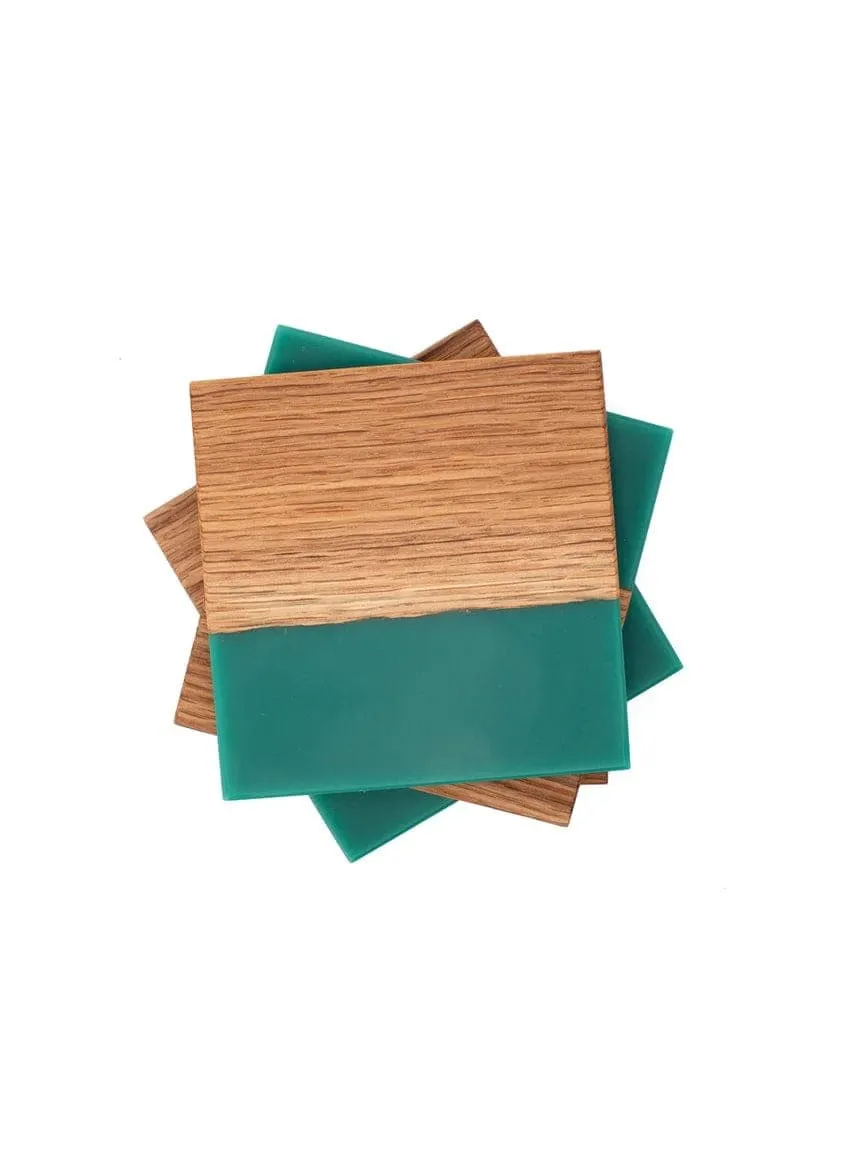 Green Epoxy and Oak Coaster Set