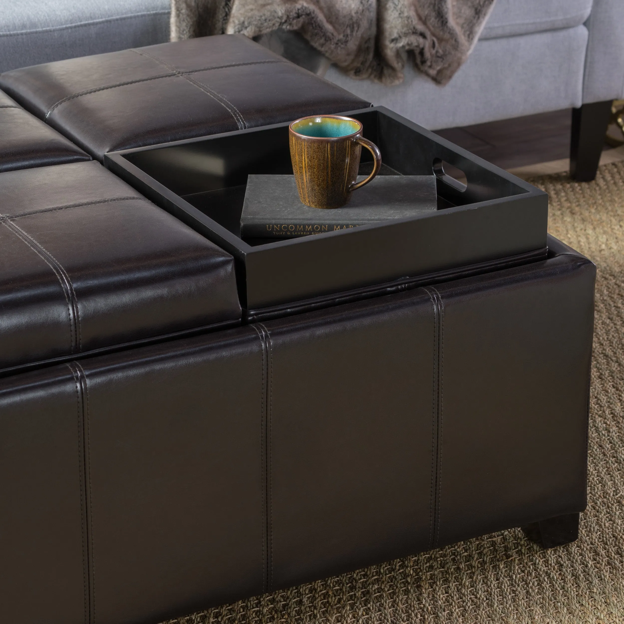 Harley Leather 4-Tray-Top Storage Ottoman Coffee Table