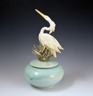 Heron Covered Jar Glazed