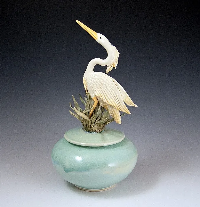 Heron Covered Jar Glazed