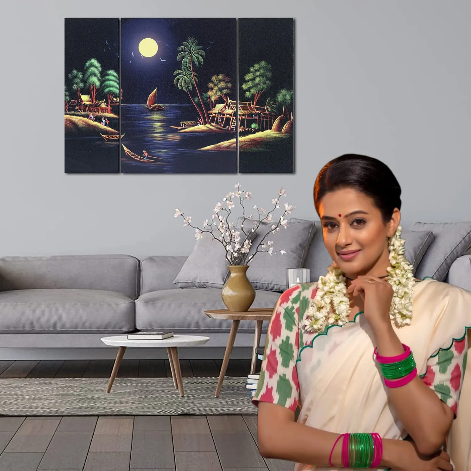 Kuber Industries Wall Paintings | MDF Wooden Wall Art for Living Room | Scenery Wall Sculpture |Painting for Bedroom | Office | Hotels | Gift | 1218KIM1 |3 Piece Set| Blue