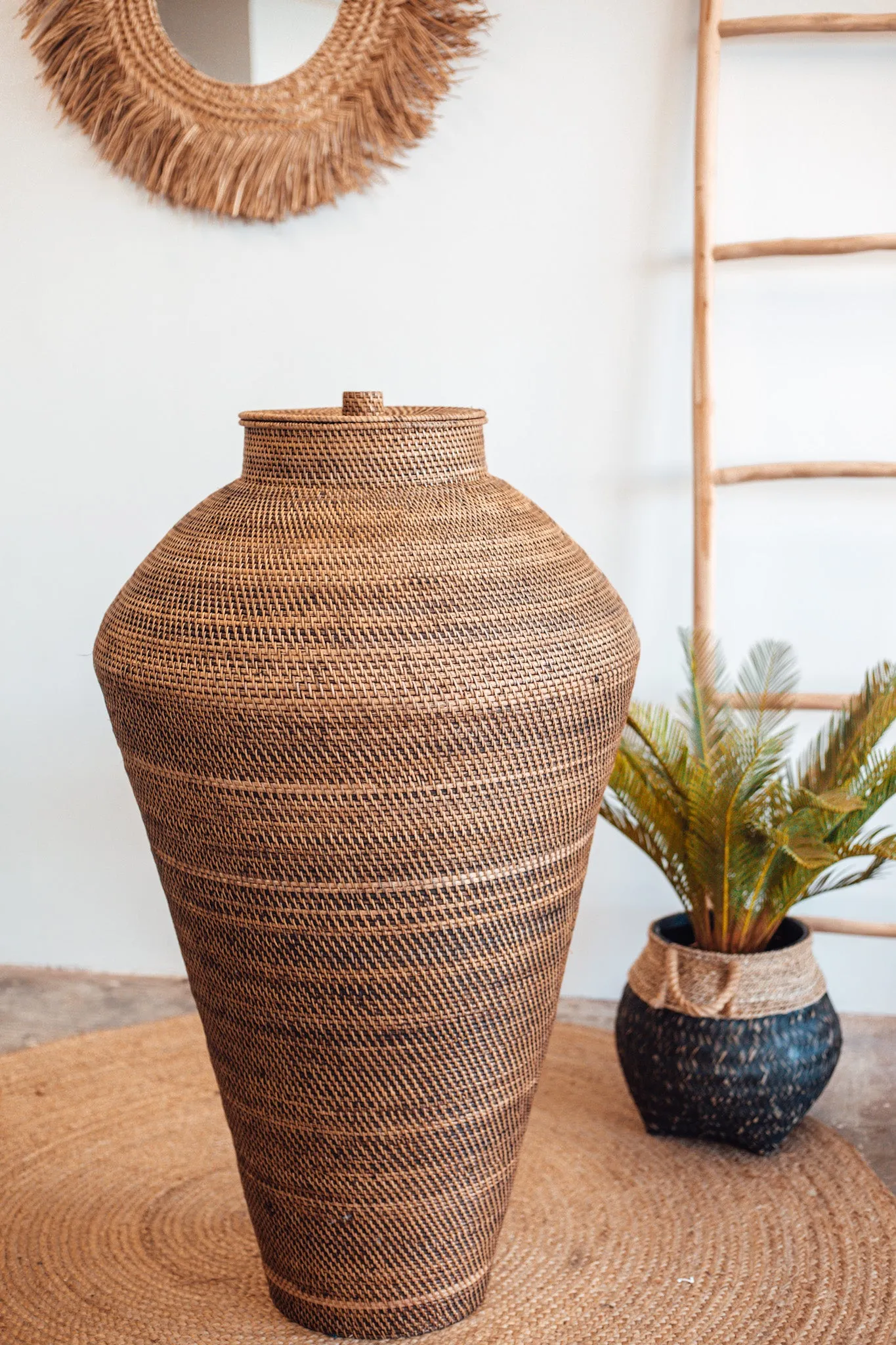 Large Brown Rattan Genie Basket with Lid