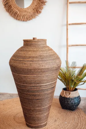 Large Brown Rattan Genie Basket with Lid