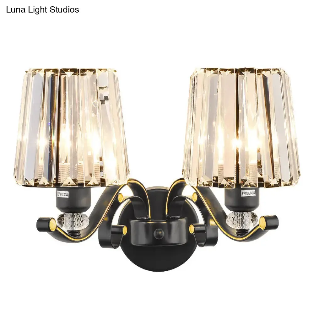 Modern Clear Glass Conic Wall Lamp - 1/2-Bulb Black Sconce Lighting with Crystal Decor