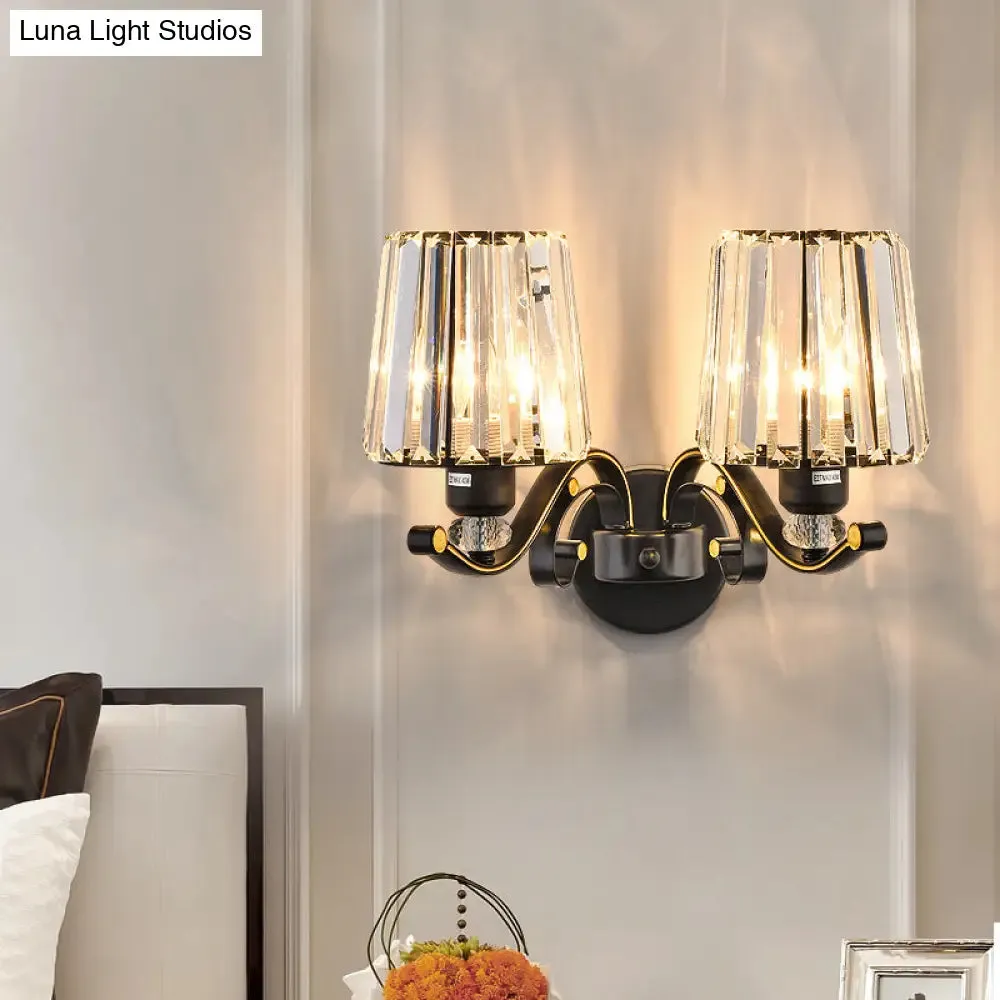 Modern Clear Glass Conic Wall Lamp - 1/2-Bulb Black Sconce Lighting with Crystal Decor