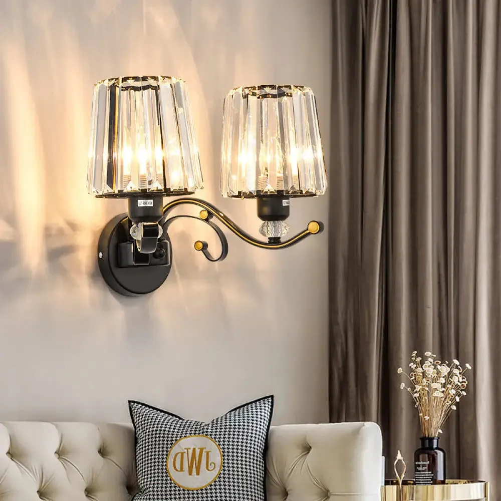 Modern Clear Glass Conic Wall Lamp - 1/2-Bulb Black Sconce Lighting with Crystal Decor