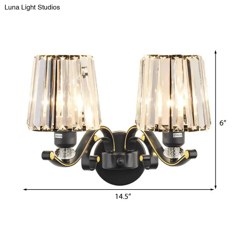 Modern Clear Glass Conic Wall Lamp - 1/2-Bulb Black Sconce Lighting with Crystal Decor