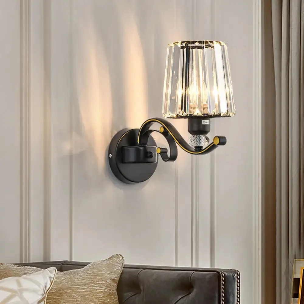 Modern Clear Glass Conic Wall Lamp - 1/2-Bulb Black Sconce Lighting with Crystal Decor