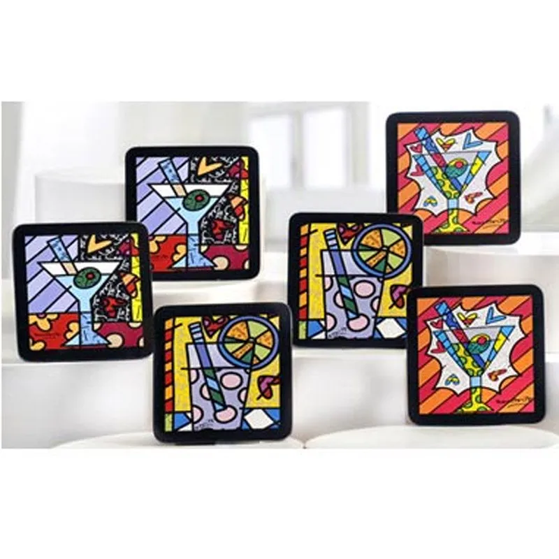 New Romero Britto Coasters Cocktail Martini Set of 6 Beer Drinks Party Gift Home