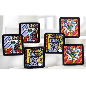 New Romero Britto Coasters Cocktail Martini Set of 6 Beer Drinks Party Gift Home