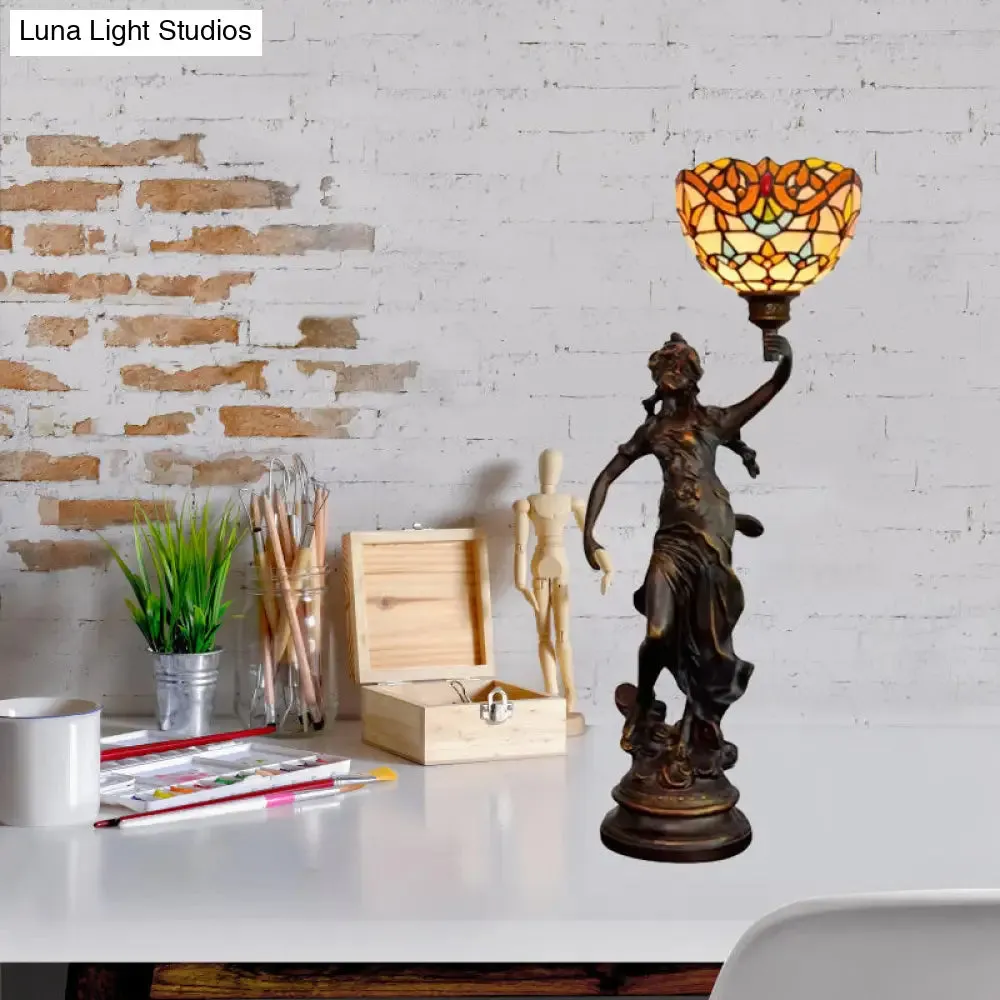 Ryleigh - Tiffany-Style Angel Girl Table Lamp: Single-Bulb Blue and White/Beige