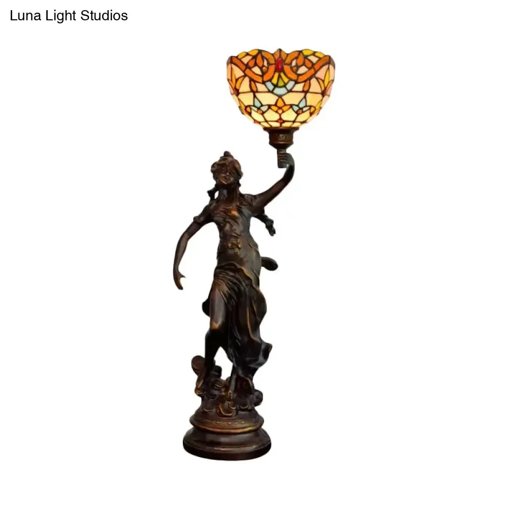 Ryleigh - Tiffany-Style Angel Girl Table Lamp: Single-Bulb Blue and White/Beige