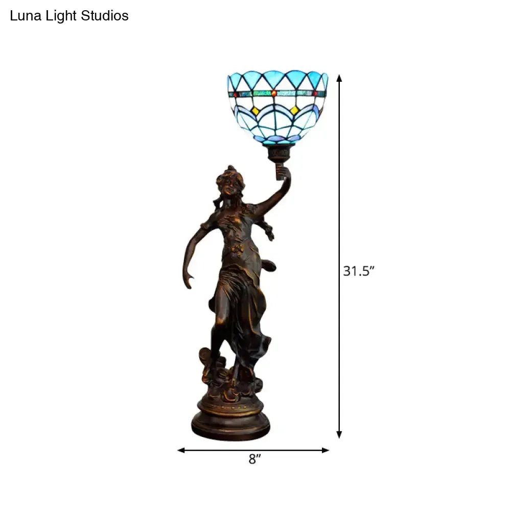 Ryleigh - Tiffany-Style Angel Girl Table Lamp: Single-Bulb Blue and White/Beige