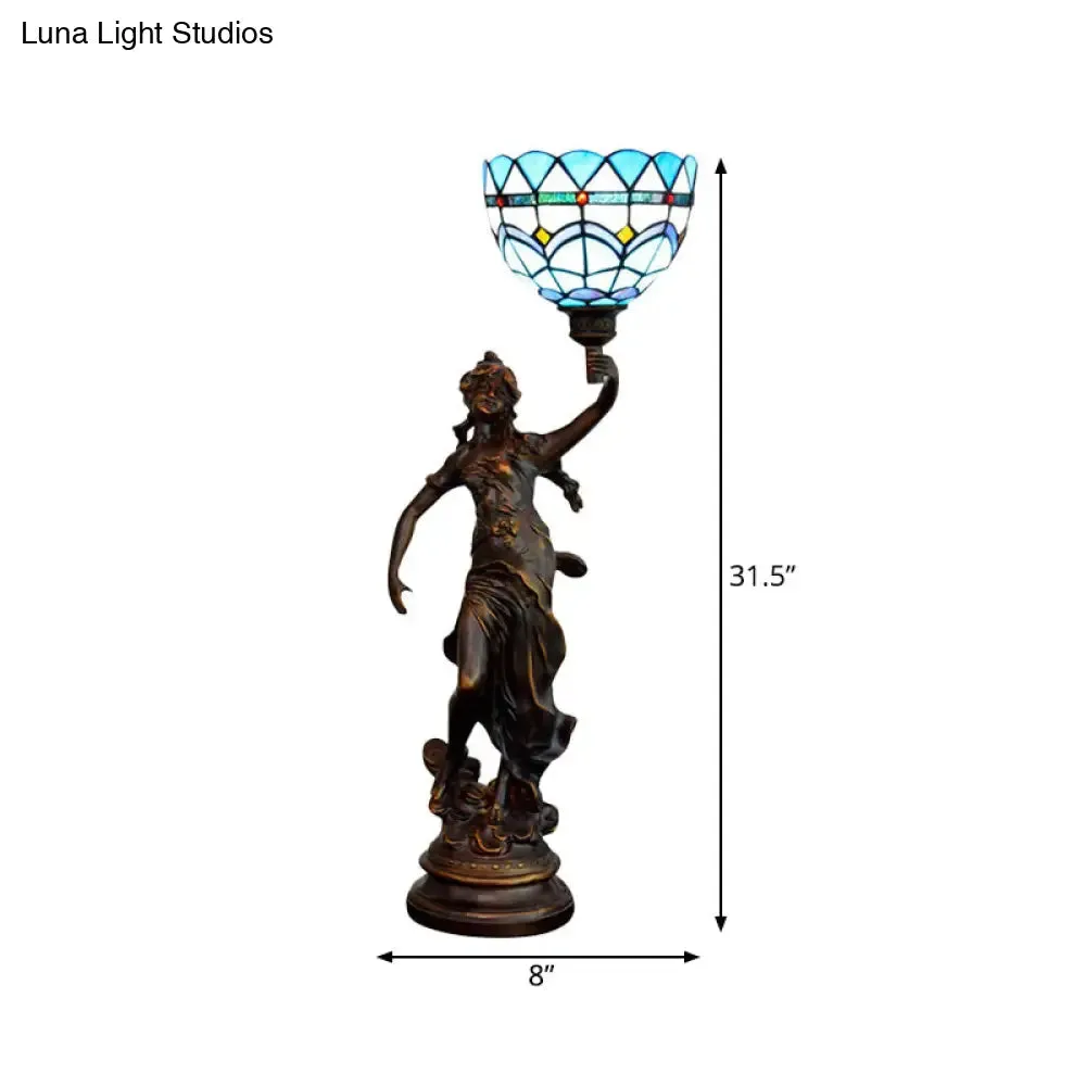 Ryleigh - Tiffany-Style Angel Girl Table Lamp: Single-Bulb Blue and White/Beige
