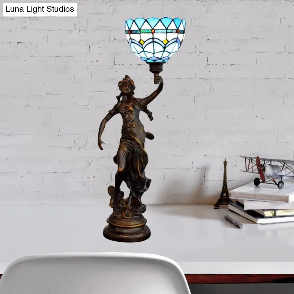Ryleigh - Tiffany-Style Angel Girl Table Lamp: Single-Bulb Blue and White/Beige