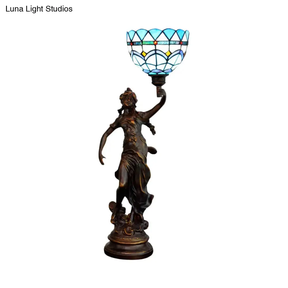Ryleigh - Tiffany-Style Angel Girl Table Lamp: Single-Bulb Blue and White/Beige