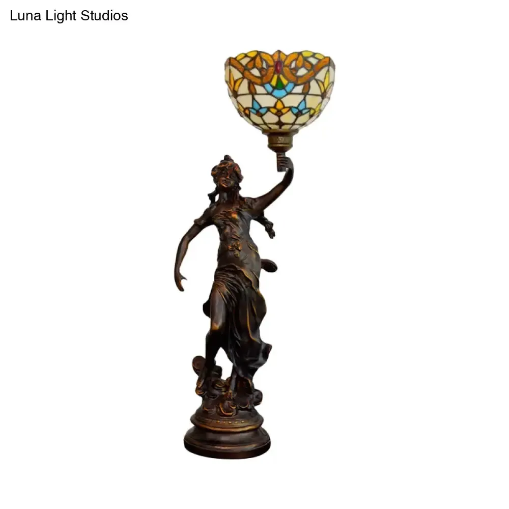Ryleigh - Tiffany-Style Angel Girl Table Lamp: Single-Bulb Blue and White/Beige