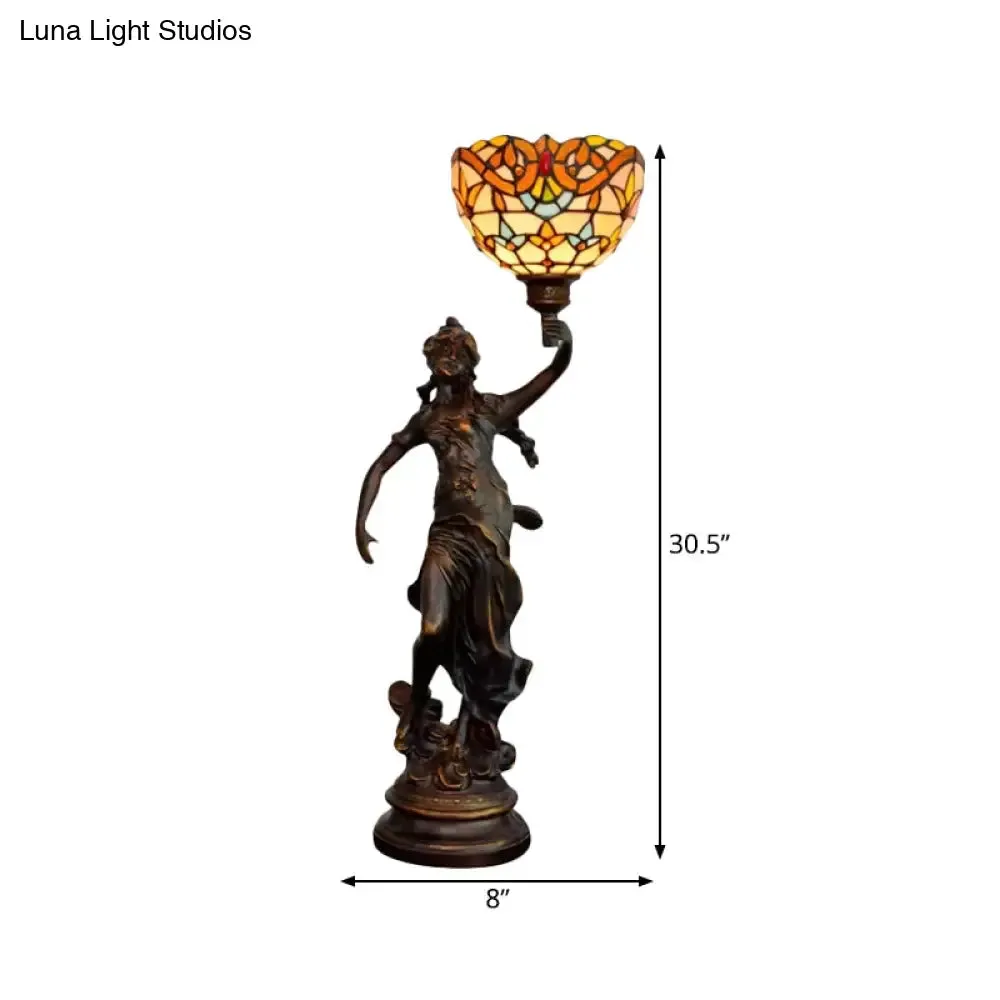 Ryleigh - Tiffany-Style Angel Girl Table Lamp: Single-Bulb Blue and White/Beige