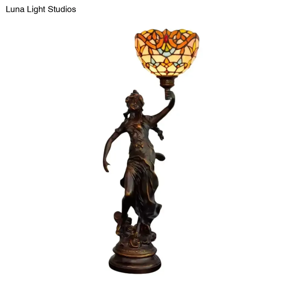 Ryleigh - Tiffany-Style Angel Girl Table Lamp: Single-Bulb Blue and White/Beige