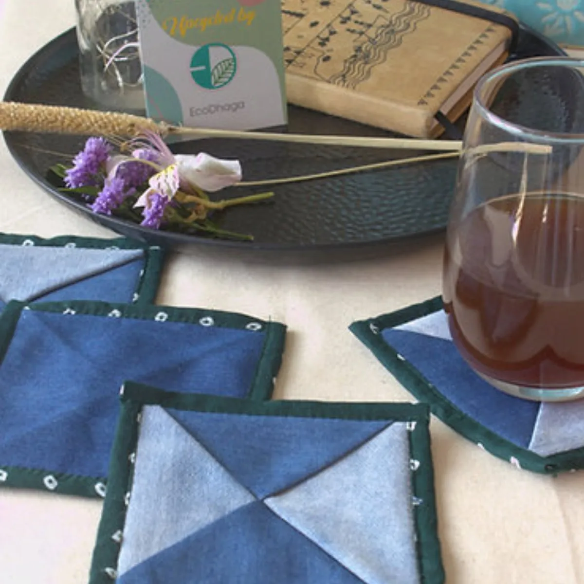 Upcycled Denim Coaster Set (x4)- Green Bandhani Piping