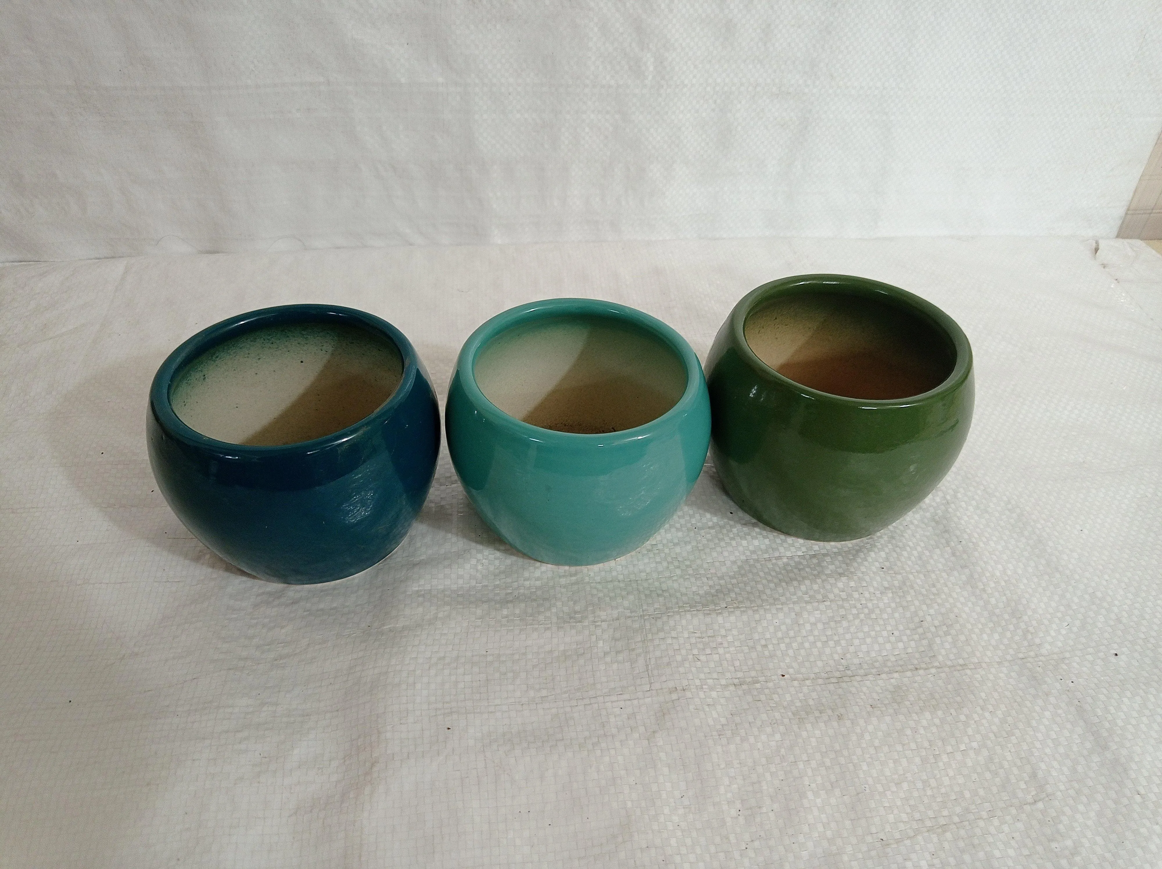 Vibrant Round Ceramic Plant Pot Trio | Green, Sky Blue & Blue