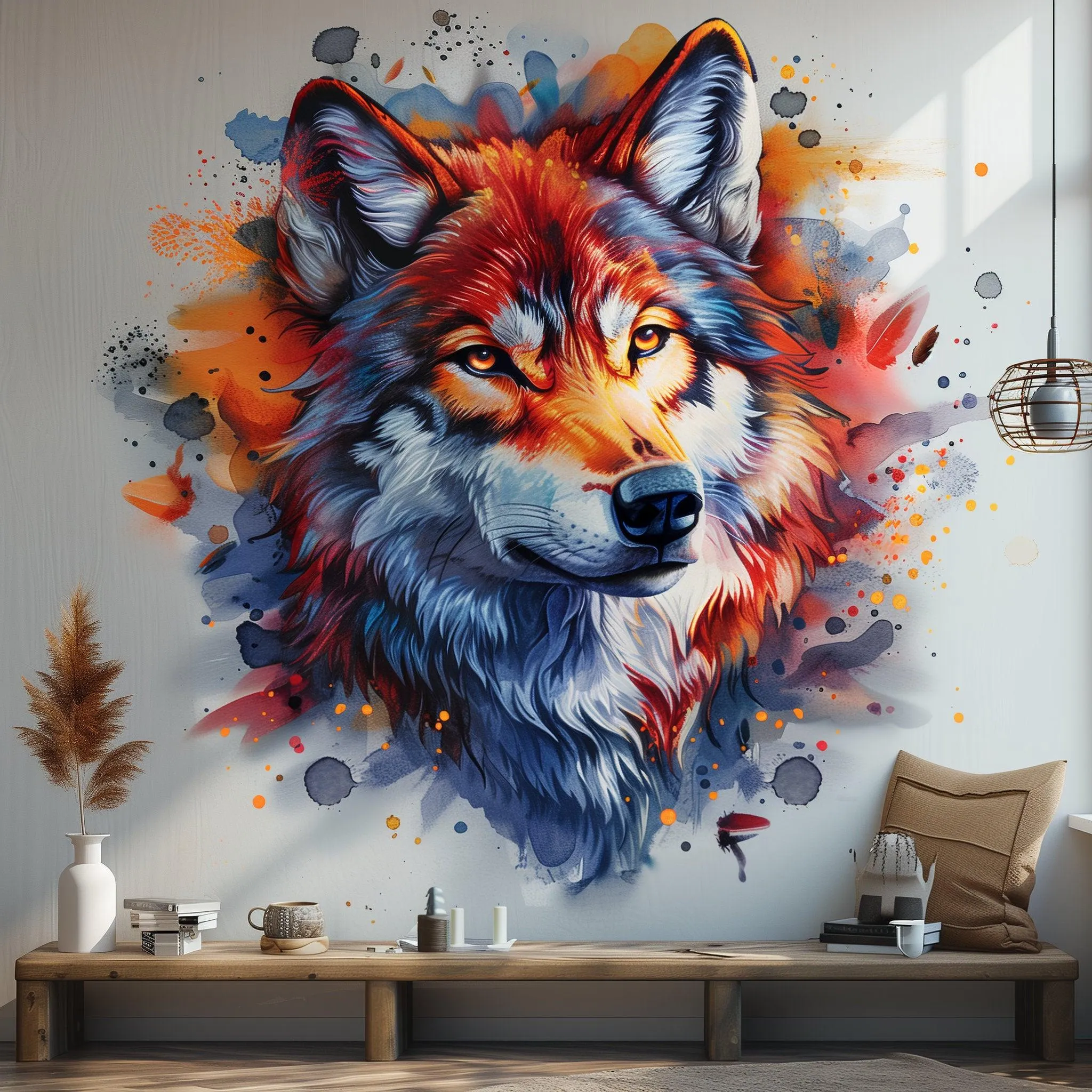 Vibrant Watercolor Wolf Head Wall Decal - Artistic Animal Sticker for Living Room, Bedroom, Creative Space