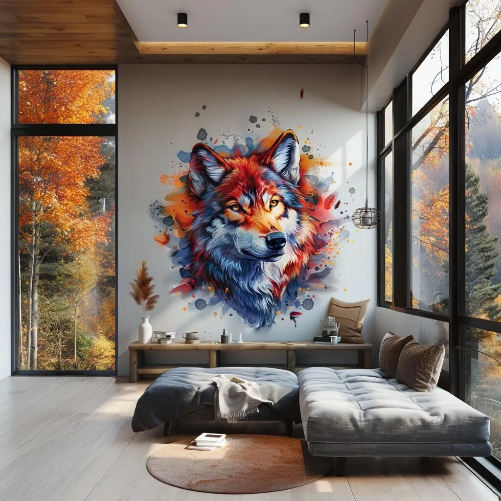 Vibrant Watercolor Wolf Head Wall Decal - Artistic Animal Sticker for Living Room, Bedroom, Creative Space