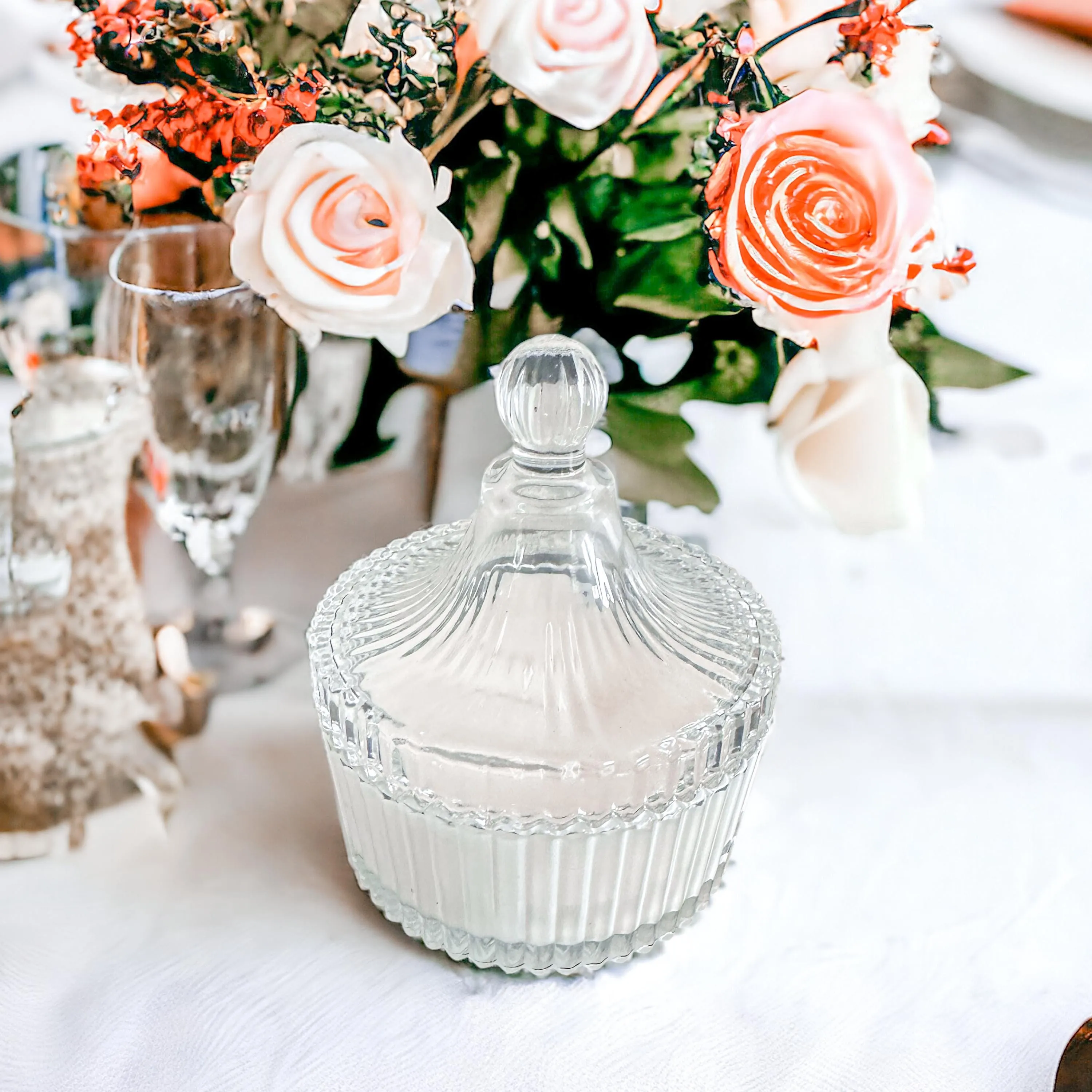 Vintage-Style Soy Candle in Clear Candy Dish - Pumpkin Buttercream & Golden Santal