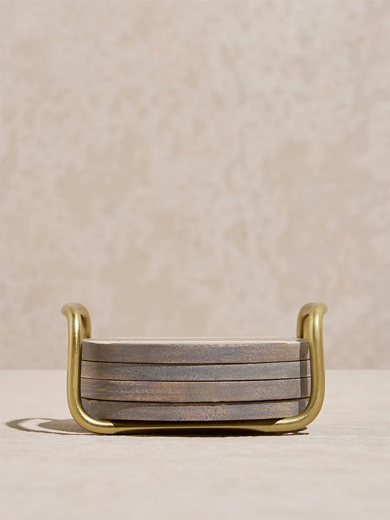 Westside Home Brown Striped Wooden Coasters with Stand ( Set of 4)