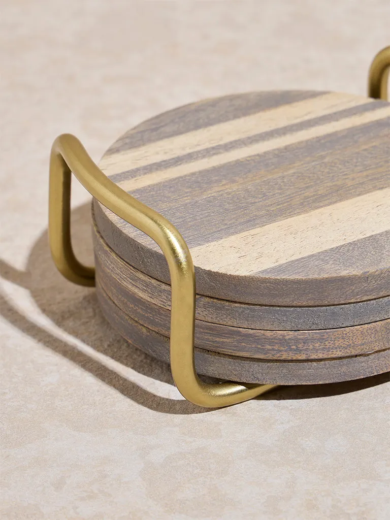 Westside Home Brown Striped Wooden Coasters with Stand ( Set of 4)